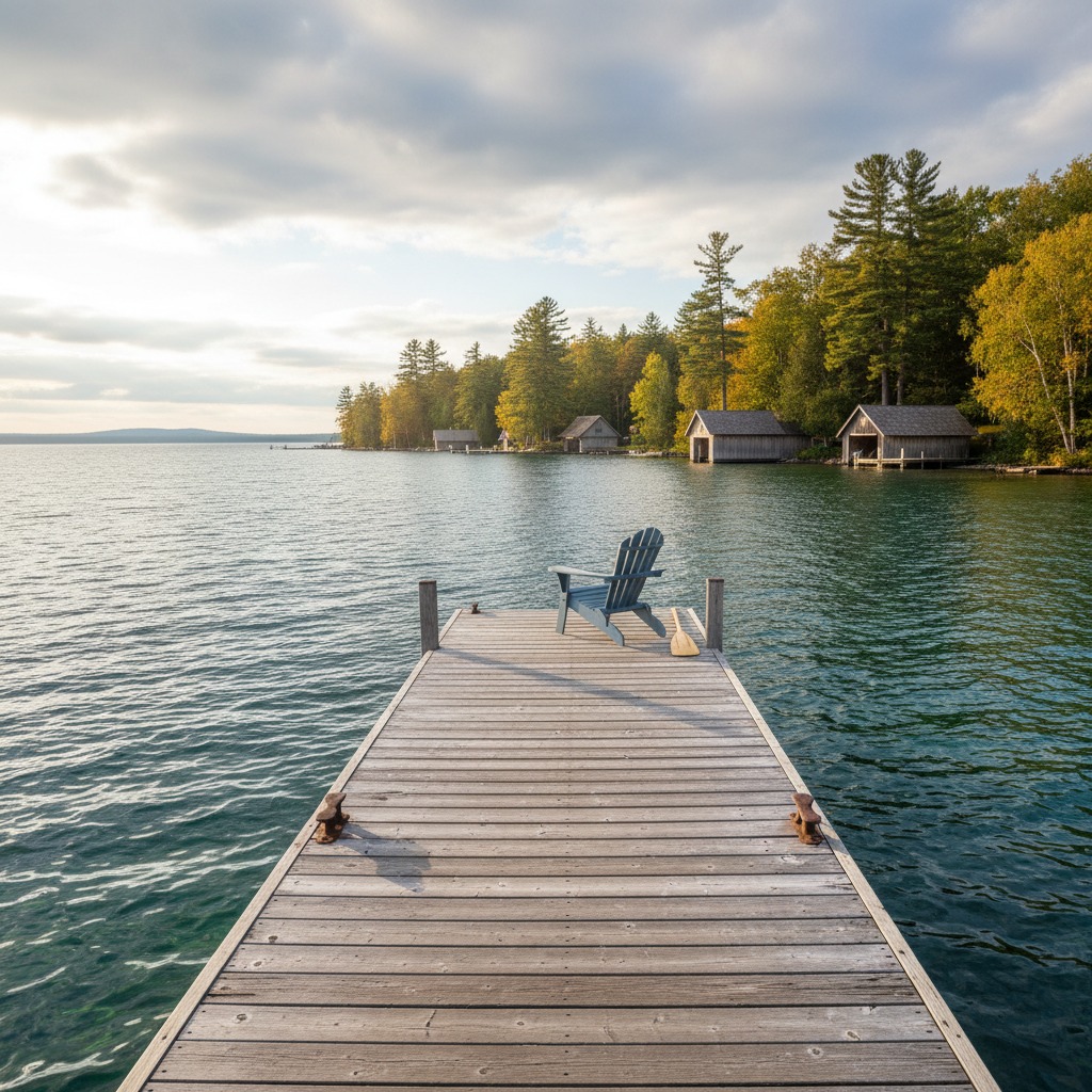 Traditional Ontario cottage with a dock on a Kawartha lake surrounded by autumn foliage