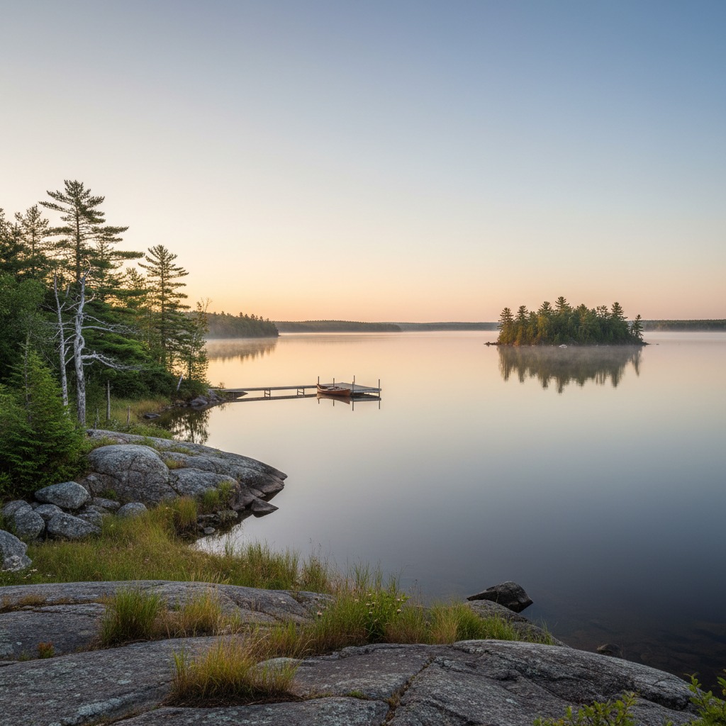 Calm Kawartha lake with a wooden dock, canoe, and tree-lined shore in morning light