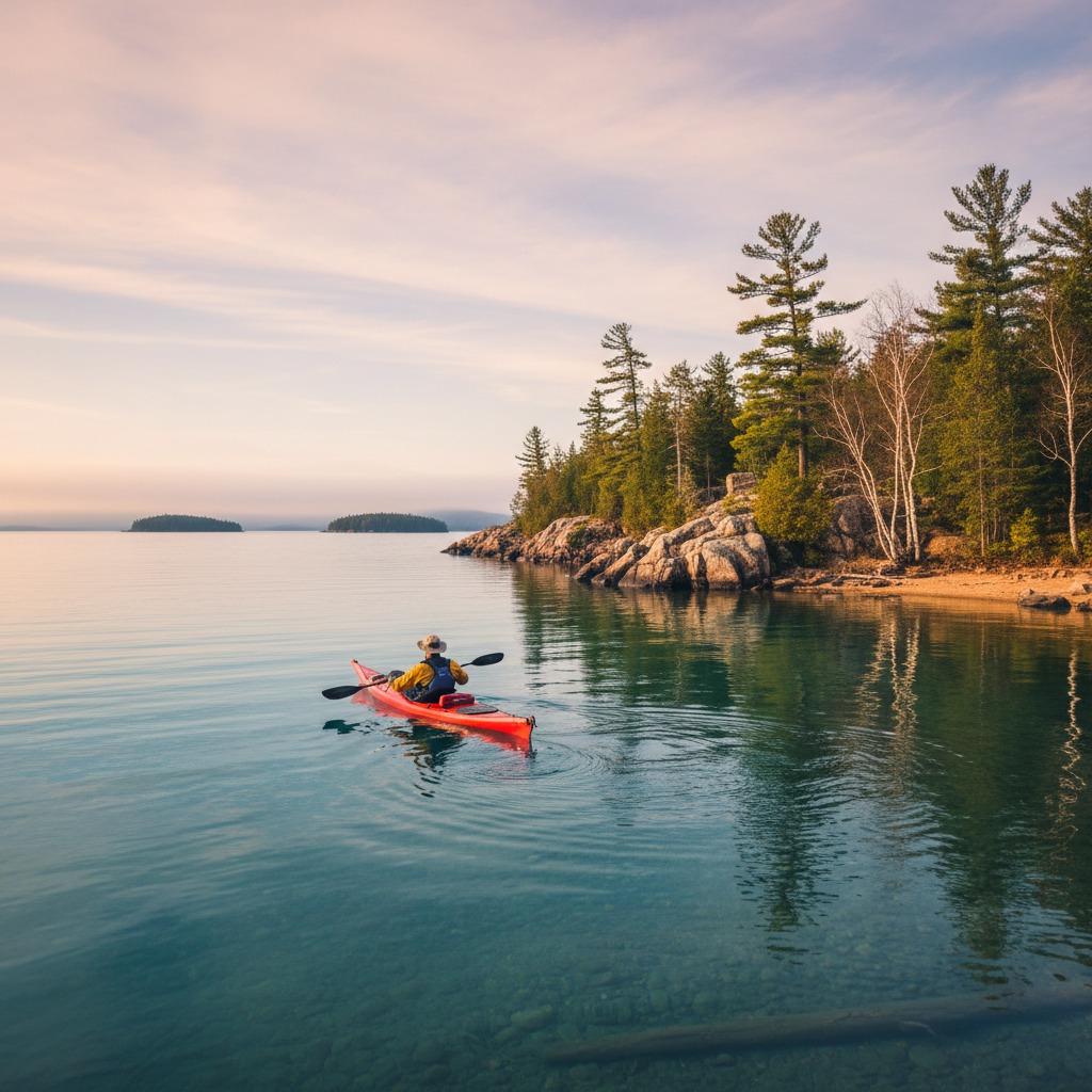 Kayaker navigating through a wilderness waterway surrounded by dense forest