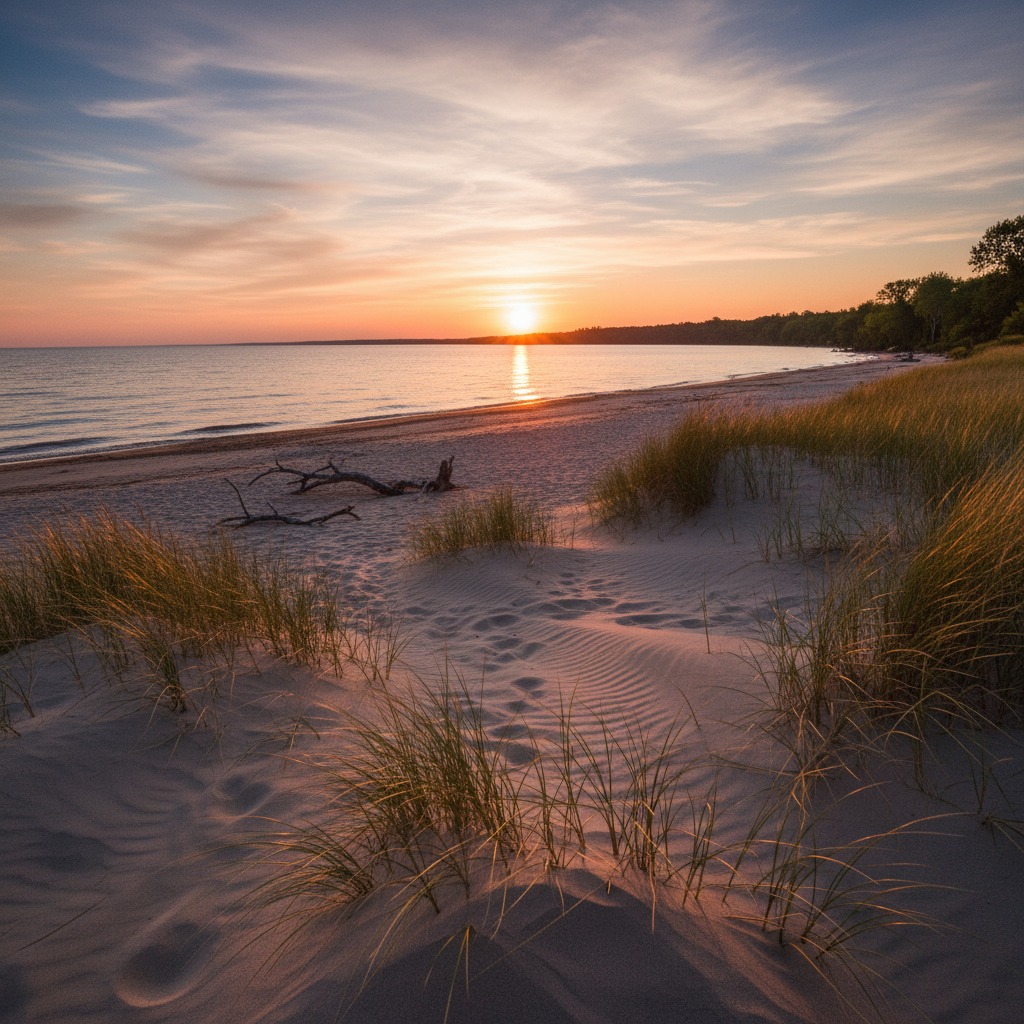 Golden sunset over Lake Erie with calm waters reflecting the sky