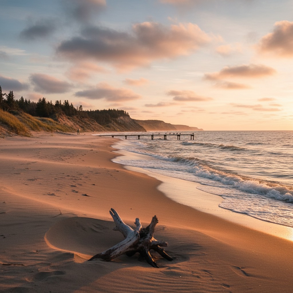 Lake Erie waterfront vista with calm waters stretching to the horizon