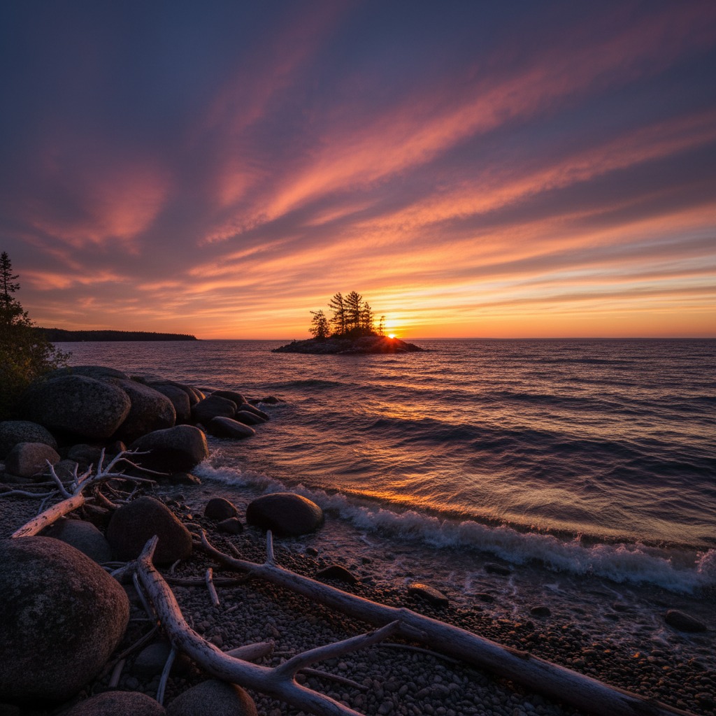 Brilliant sunset over Lake Huron viewed from a sandy beach with driftwood in the foreground