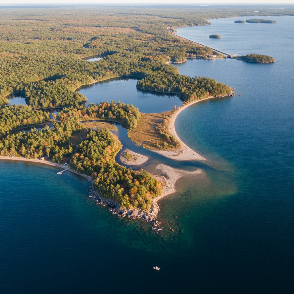 Aerial view of Lake Simcoe showing the expansive blue water and surrounding green communities