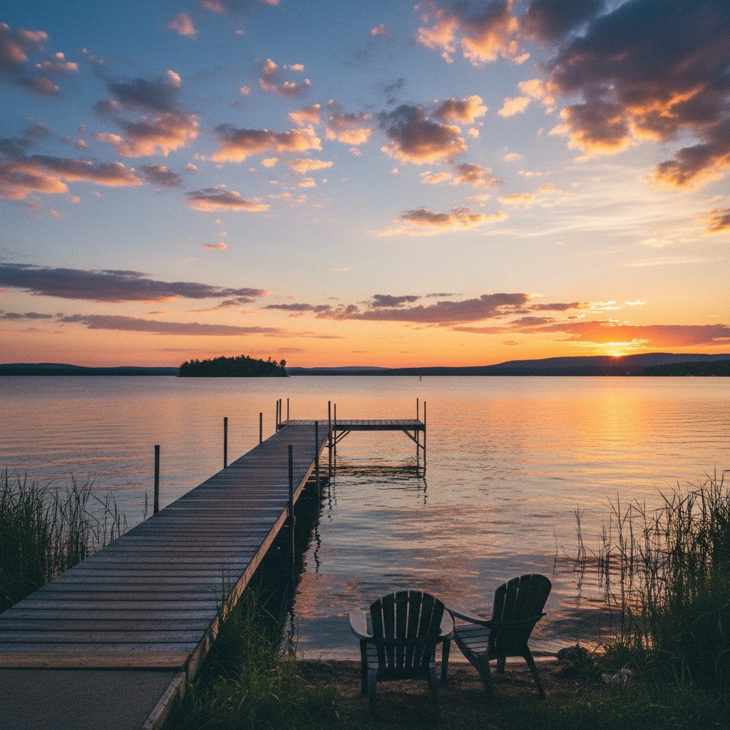 Wooden dock on Lake Simcoe at sunset with golden reflections on the still water