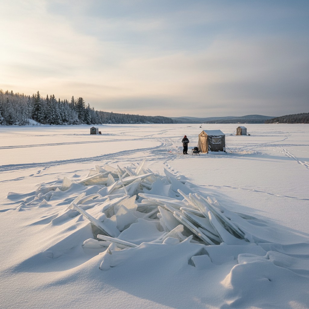 Ice fishing huts scattered across the frozen surface of Lake Simcoe in winter