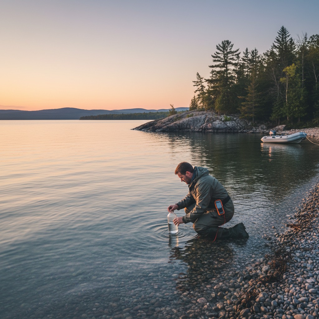 Researcher collecting water samples for microplastic analysis