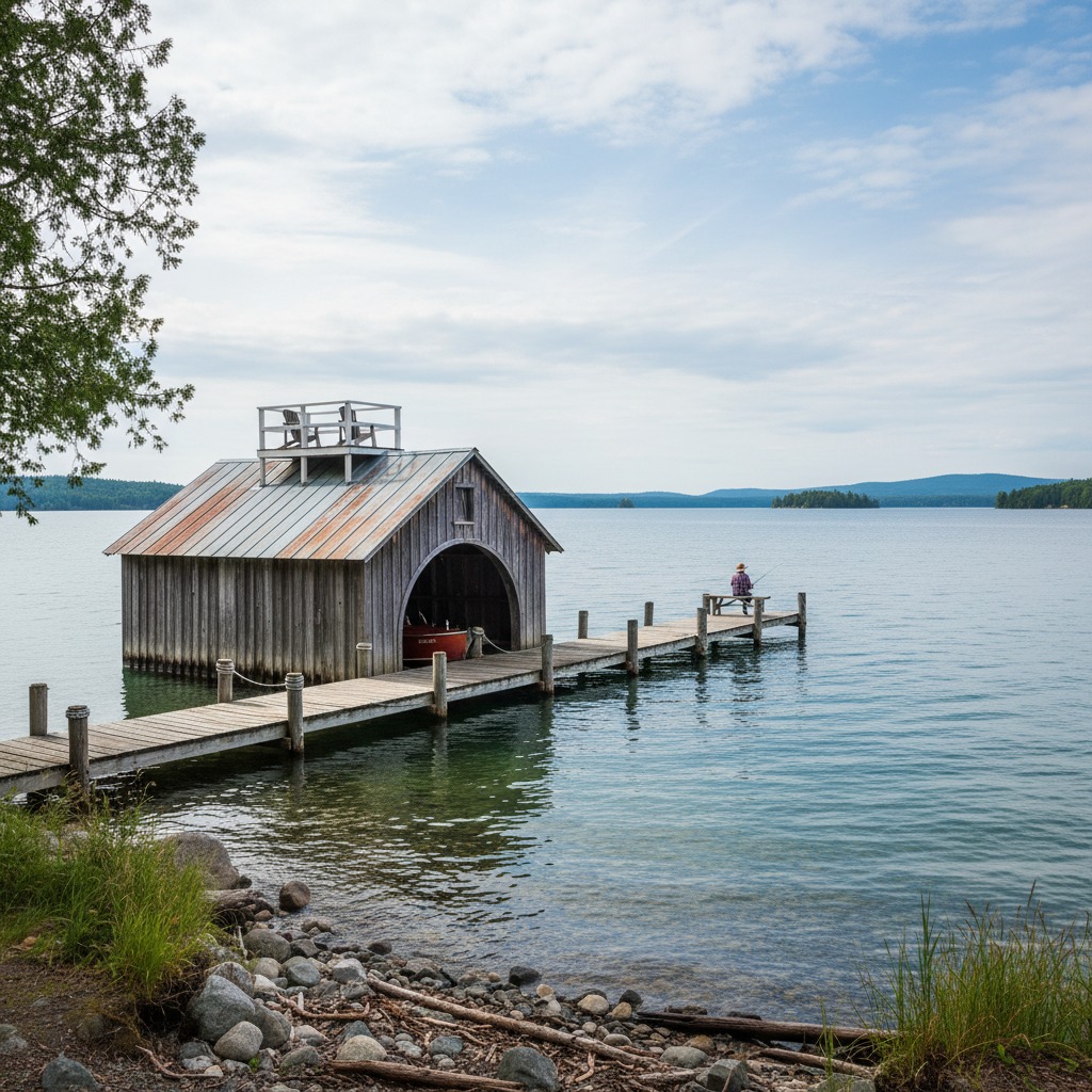 Lakefront boathouse with attached dock and swim platform