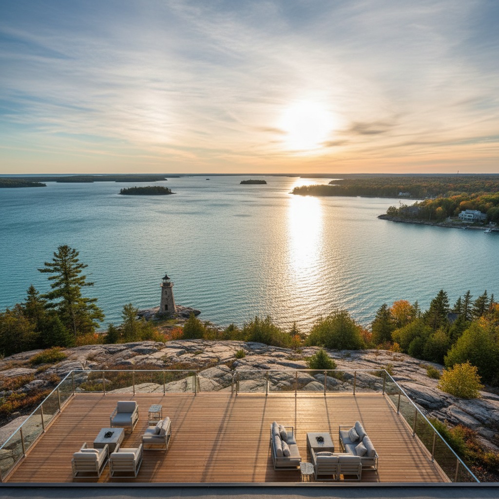 Panoramic view of a lakefront property with green lawn and trees