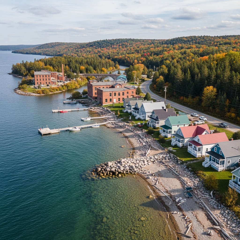 Small waterfront town main street with lake visible in background