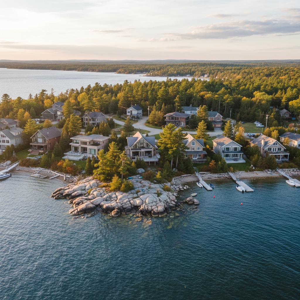 Row of waterfront homes along a small-town lakefront