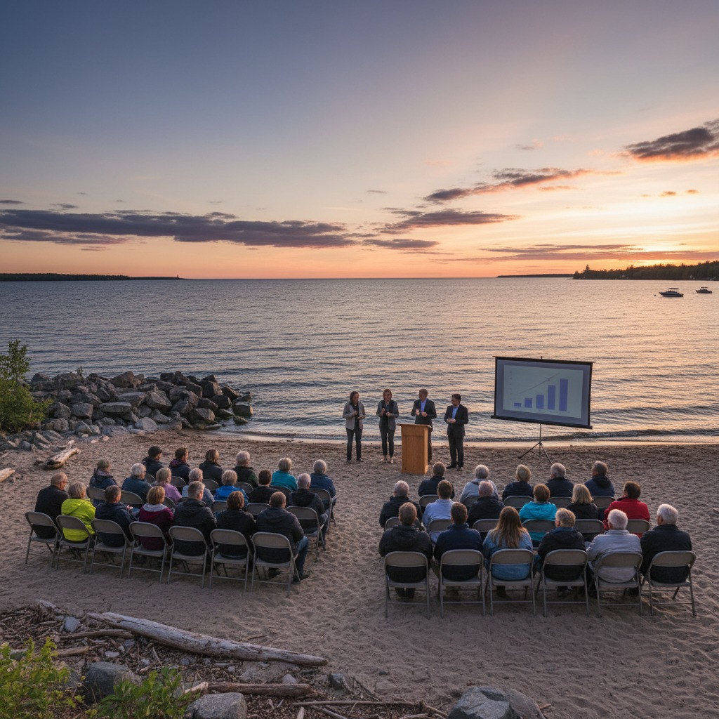 Residents reviewing development plans at a community meeting