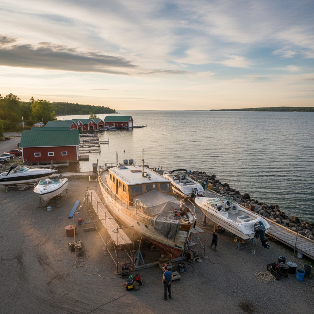 Boat repair and maintenance work being done at a marina boatyard in Ontario