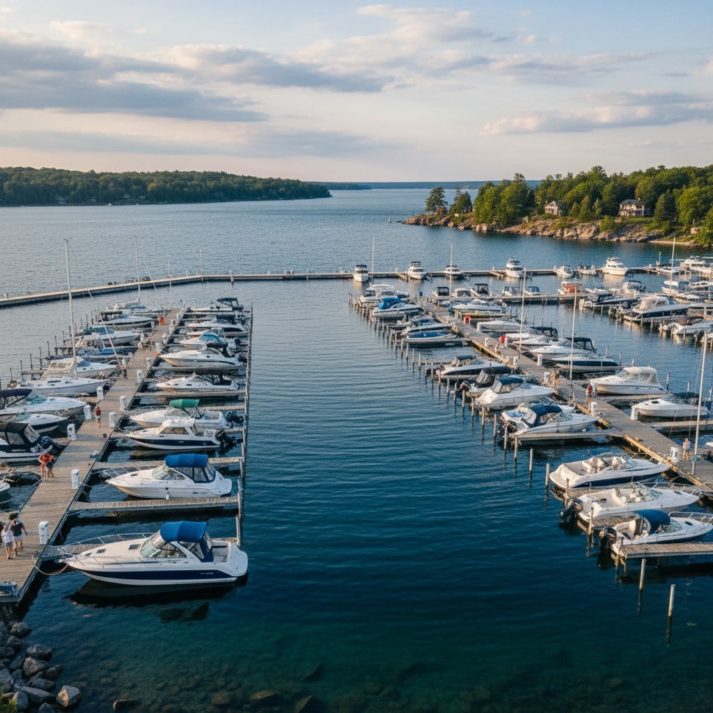 Row of boats docked in a marina with colourful hulls reflected in calm water