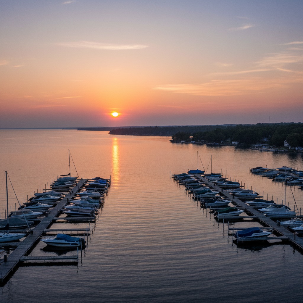 Wooden dock at a marina with boats tied up during a golden sunset over the lake