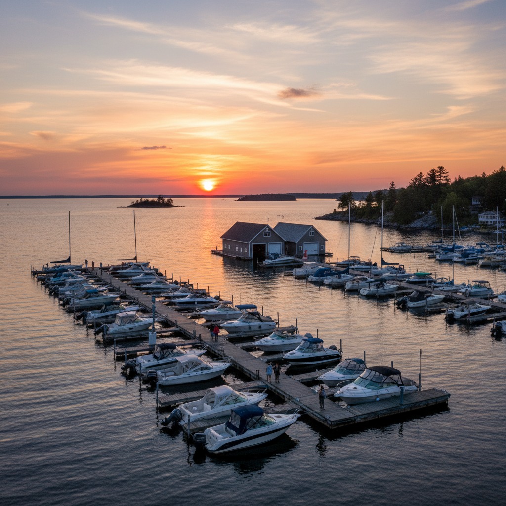 Marina docks at sunset with warm light reflecting on the water and boats in silhouette