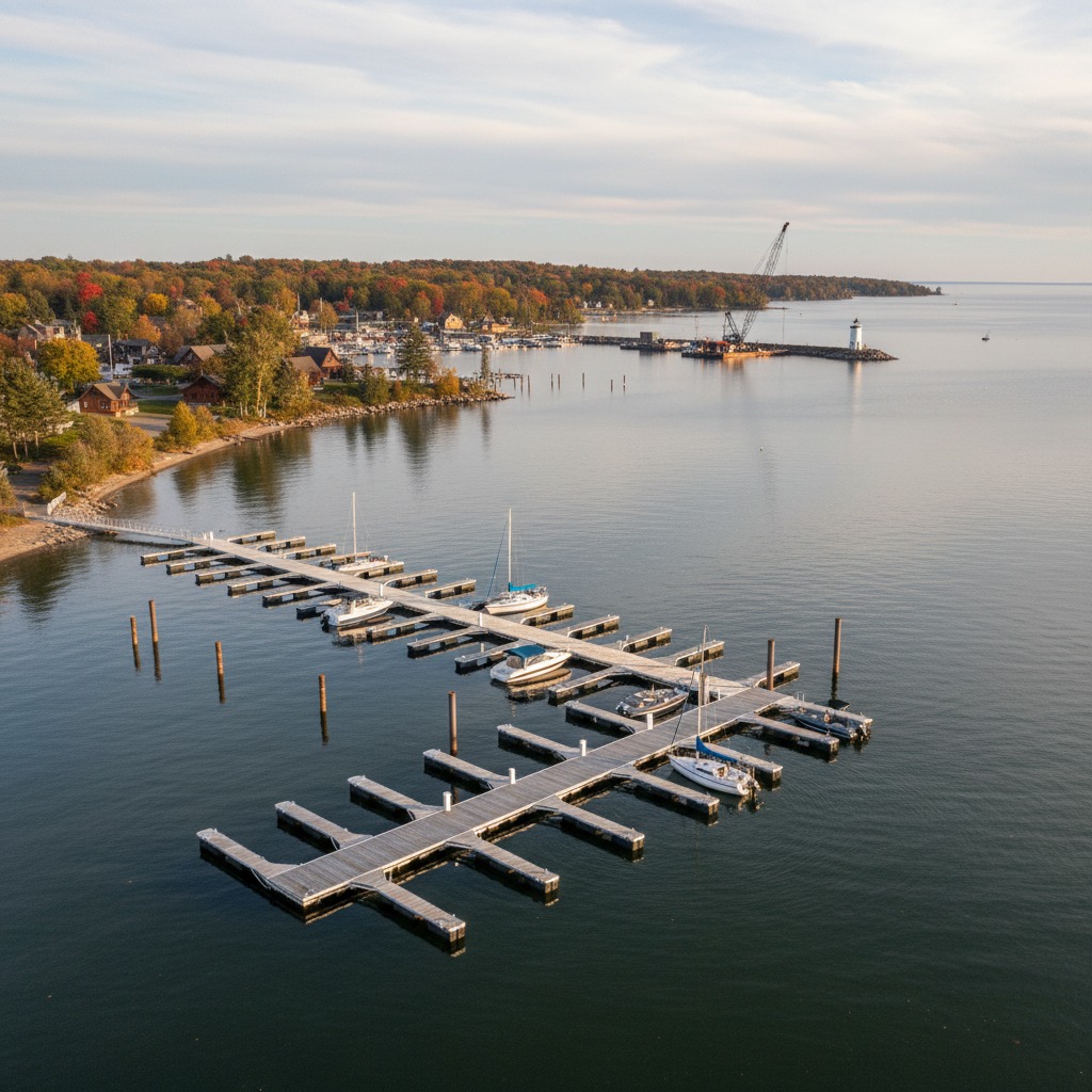 Wooden dock extending over calm water at sunrise