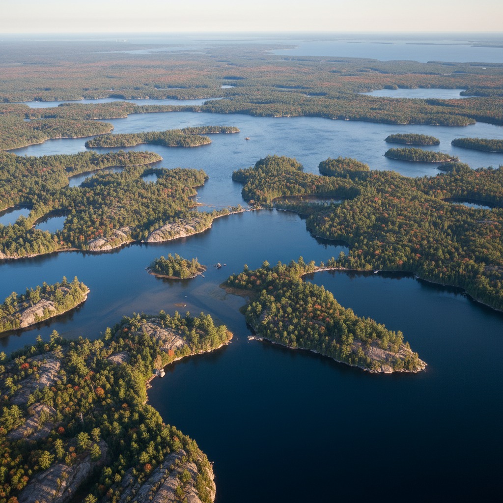 Aerial view of a Muskoka lake showing dense cottage development along the shoreline