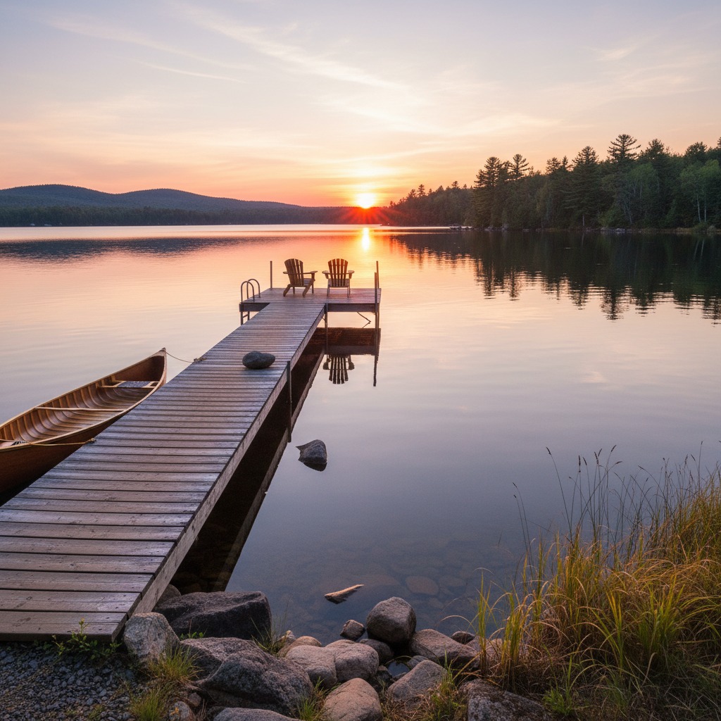 Sunset over a quiet Muskoka lake with an old wooden dock and Adirondack chairs
