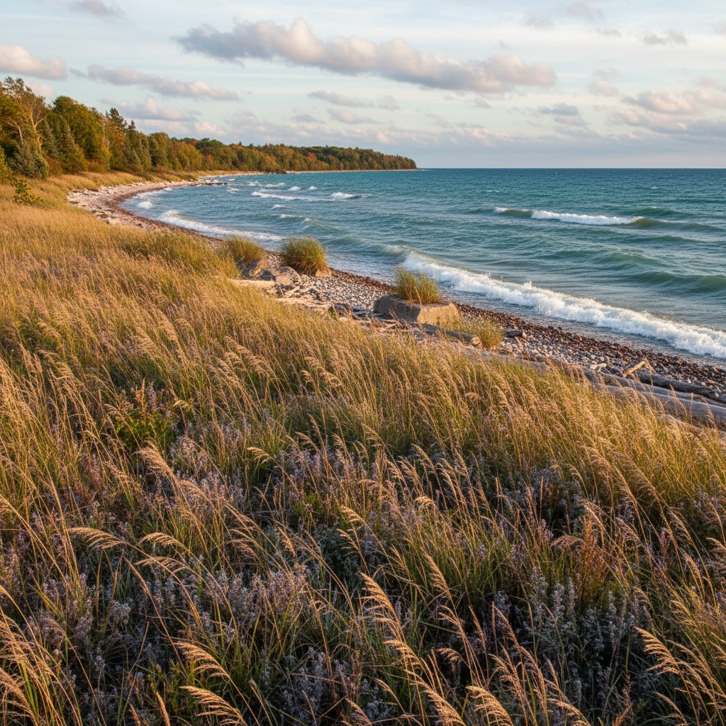 Native grasses and wildflowers growing along a gentle lakeshore slope