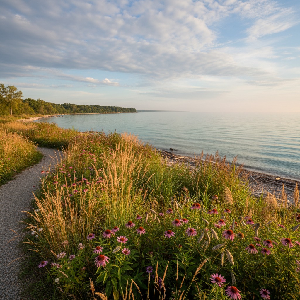 Native shoreline plants growing along a lake edge with natural rock features