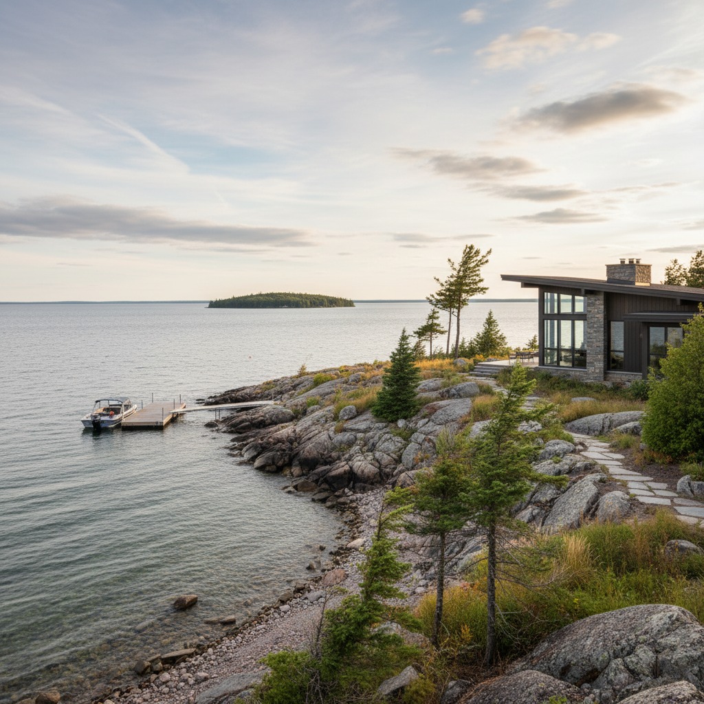 Newly built waterfront home with large windows and modern design