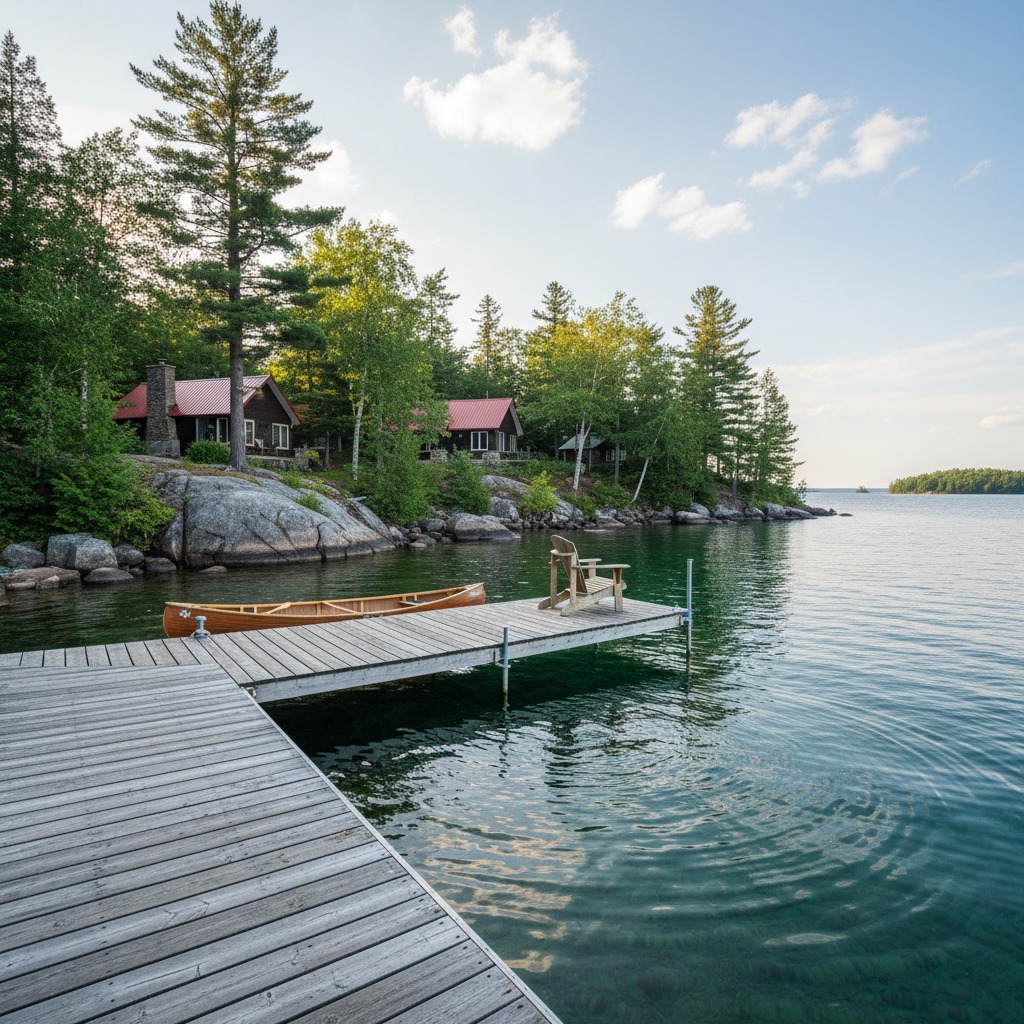 Wooden dock extending into a mountain lake at sunrise
