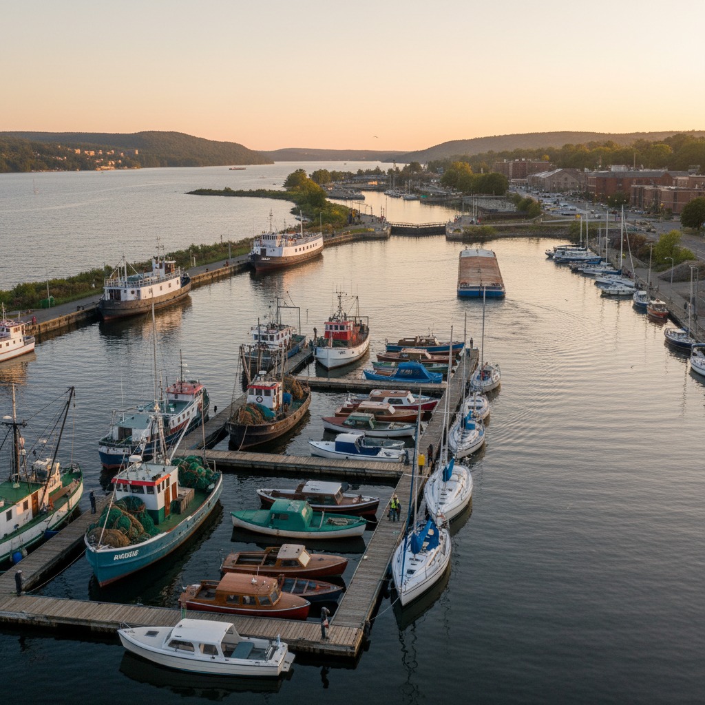 Fishing boats and sailboats docked in a small Ontario harbour