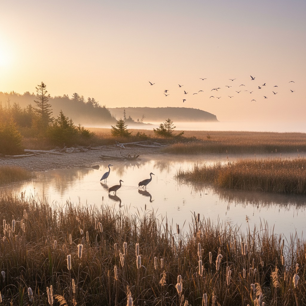 A bird in flight over a wetland area with scattered trees in the background