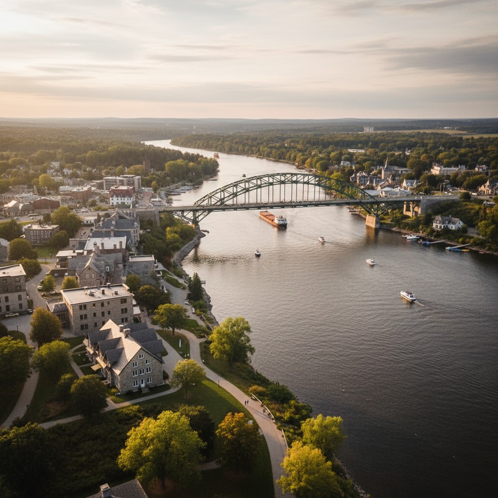 Bridge crossing the Ottawa River between Ontario and Quebec with a small town in view