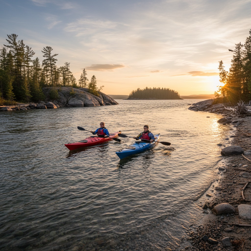 Kayaker navigating gentle rapids on the Ottawa River with forested banks