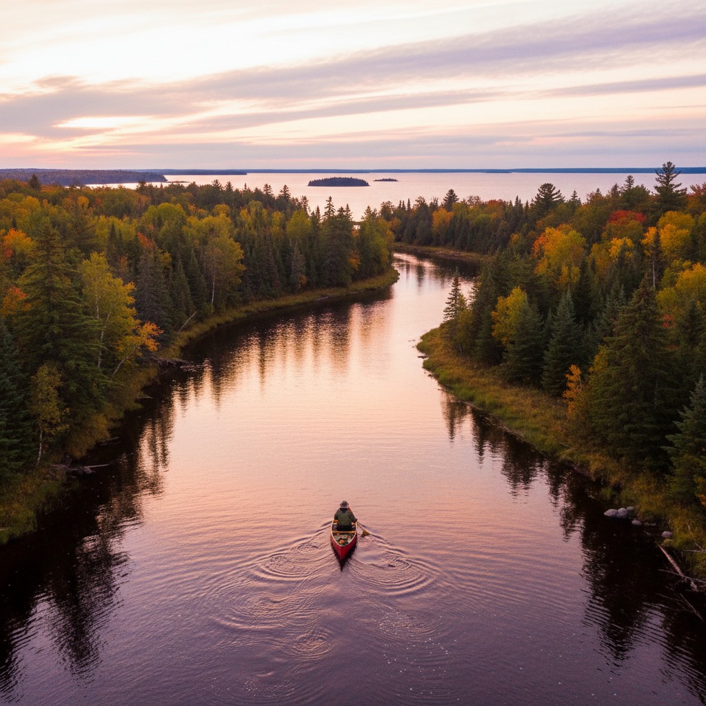 Canoe gliding through a calm Ontario river with autumn trees reflected in the water