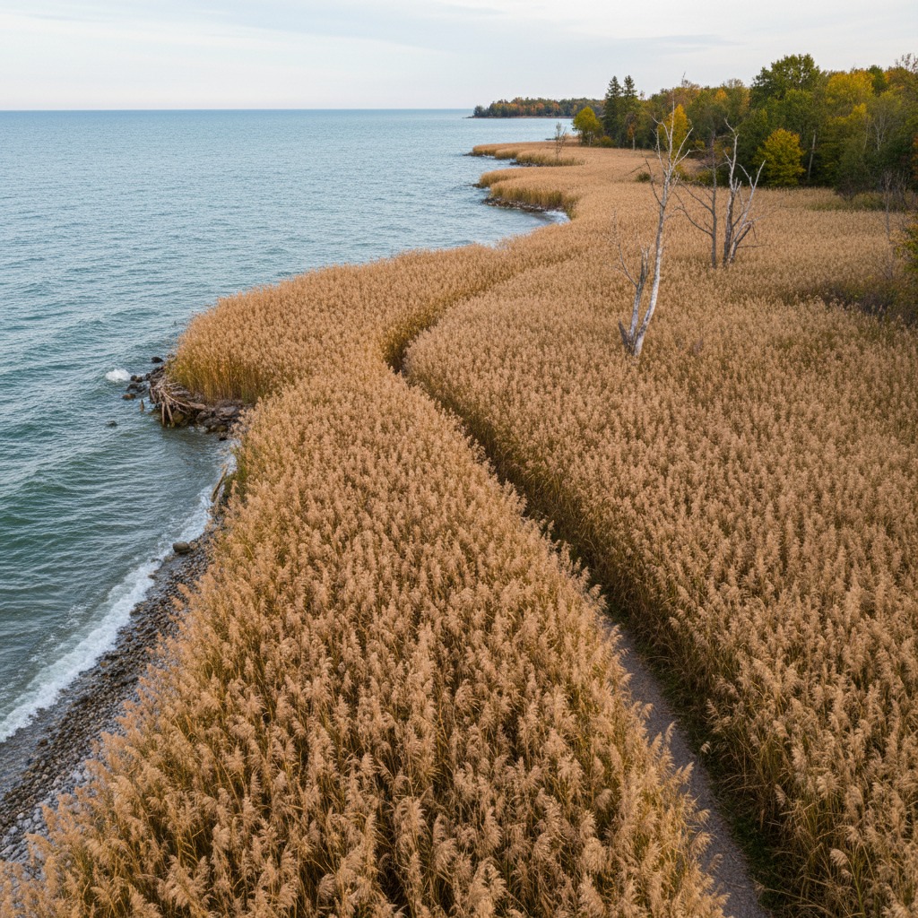 Dense stands of phragmites grass towering along an Ontario shoreline