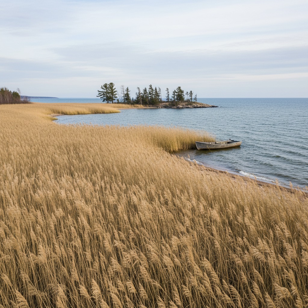 A wetland area showing phragmites encroachment on native marsh vegetation