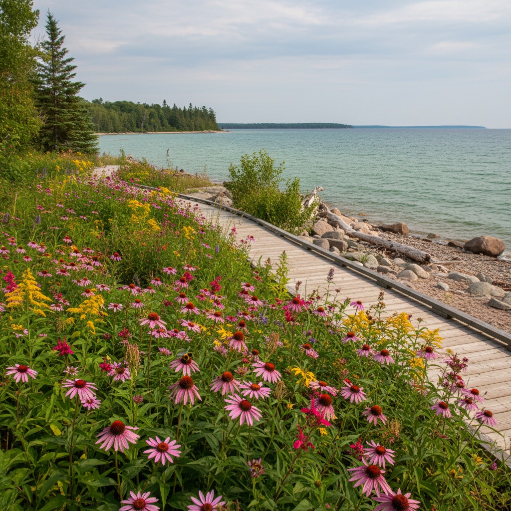 Butterflies and bees visiting native flowering plants in a waterfront garden