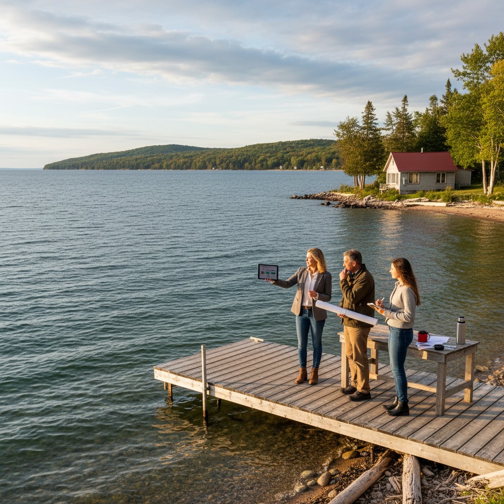 Real estate appraisal meeting at a lakeside property with documents