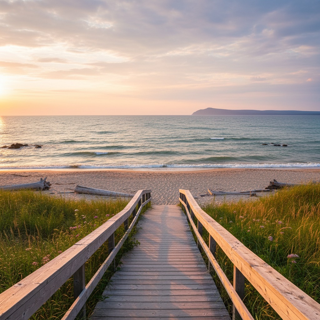 Sandy public beach with families and swimmers accessing the water through a municipal park