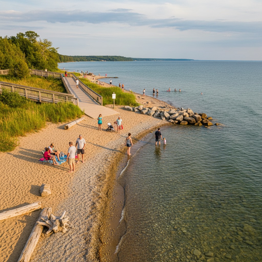 Sandy public beach with clear water and scattered visitors enjoying the shoreline