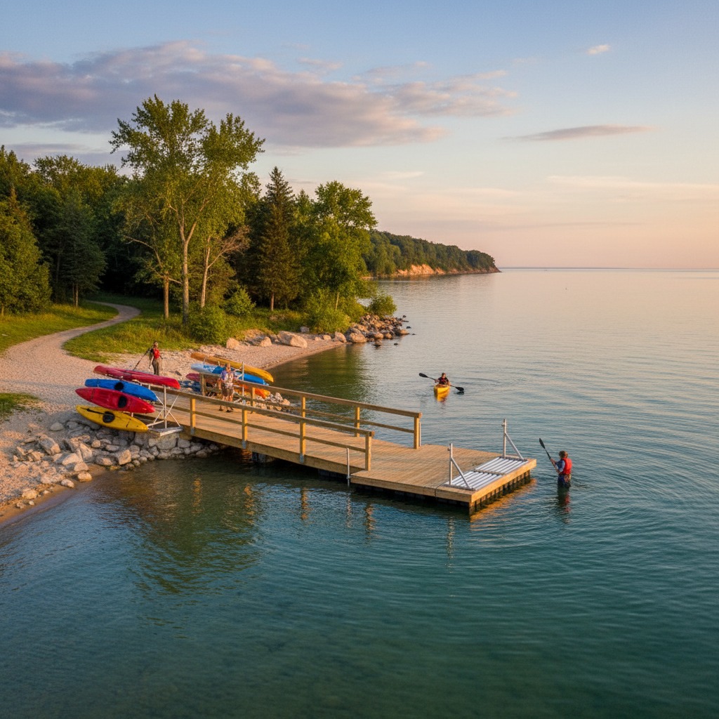 Kayakers launching from a public waterfront access point on an Ontario lake