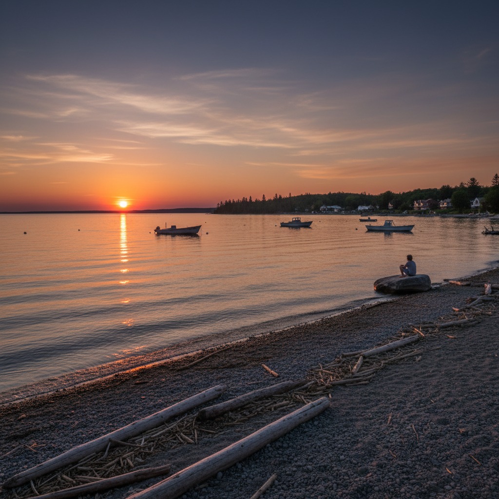 Peaceful waterfront sunset with calm water and no boats