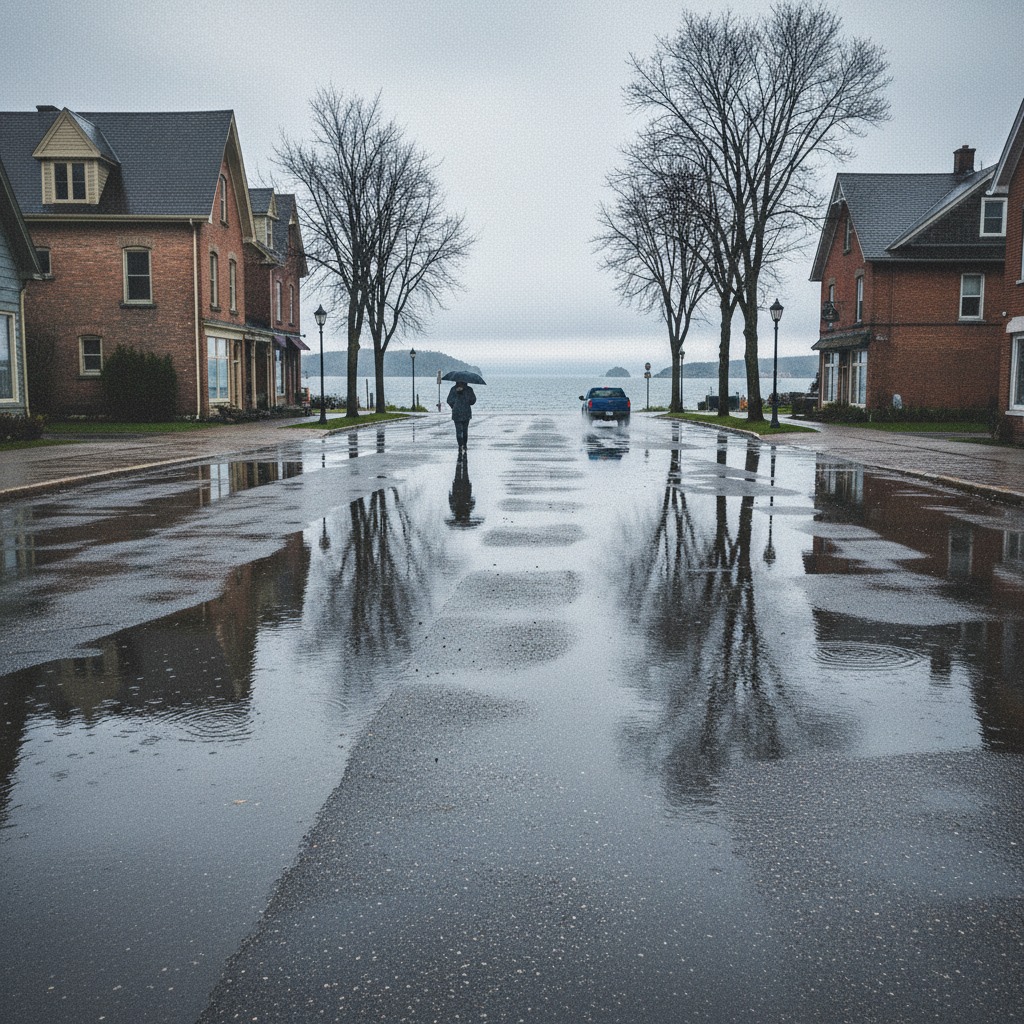 Rain puddles reflecting the sky on a small-town street after a storm