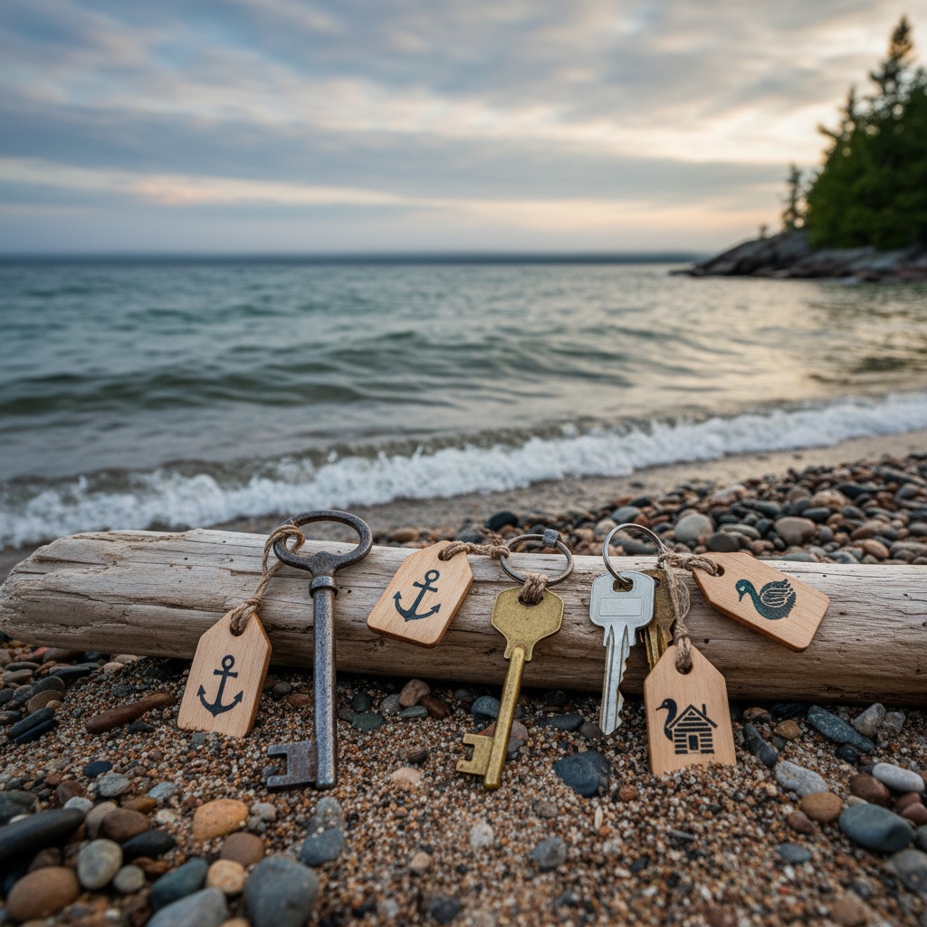 Set of property keys and rental information on a lakeside cabin table