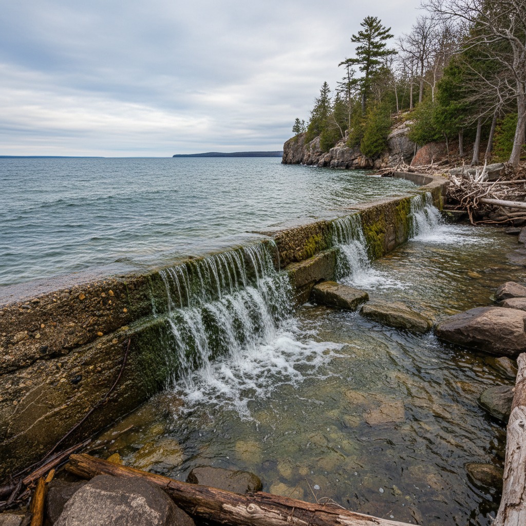 Stone retaining wall along a waterfront property shoreline
