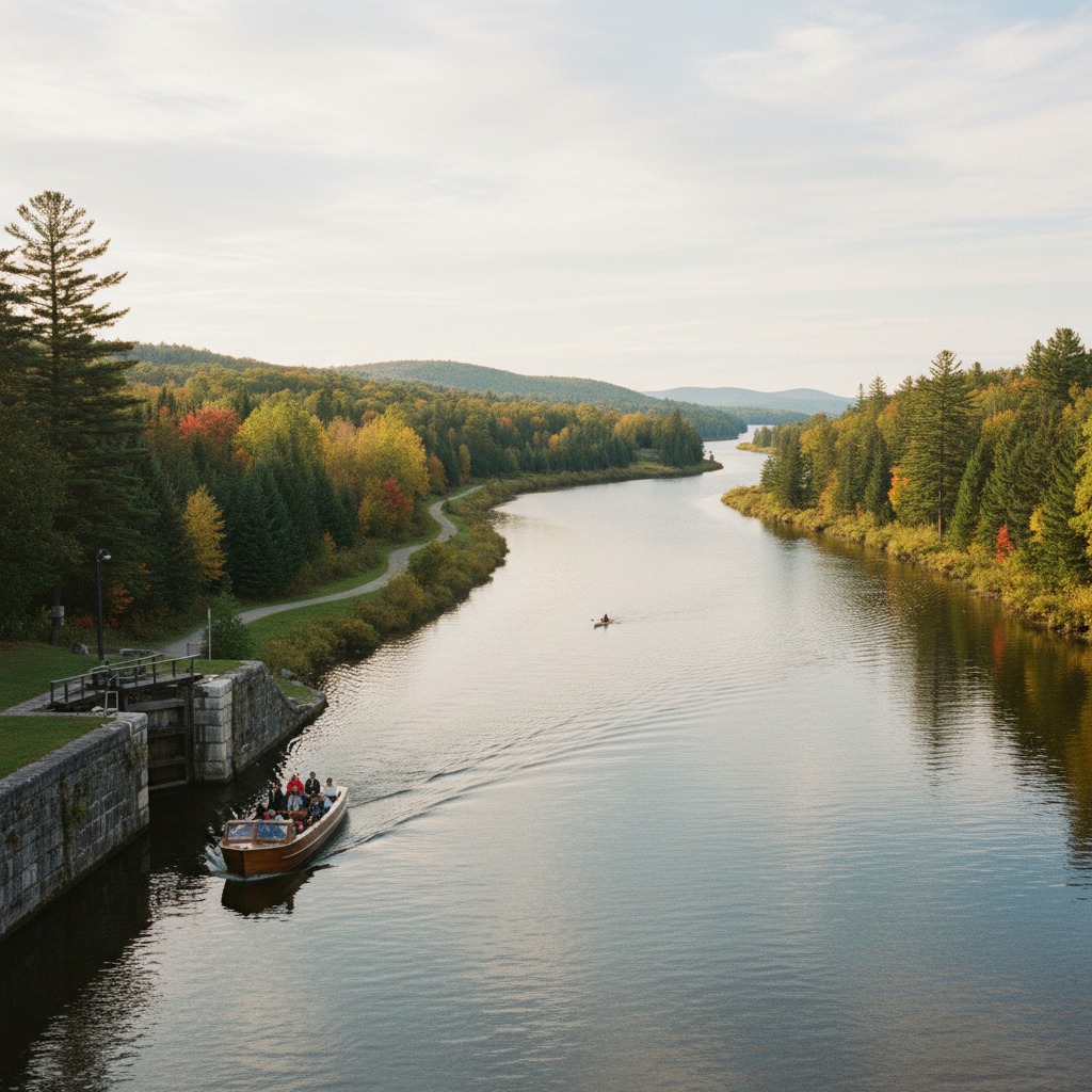 View of the Rideau Canal approaching Kingston with limestone buildings and the waterfront visible