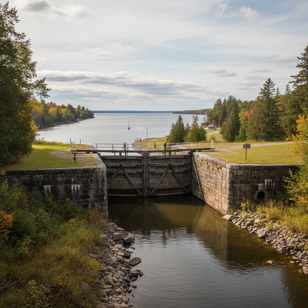 Historic stone lock station on the Rideau Canal with boats passing through on a summer day