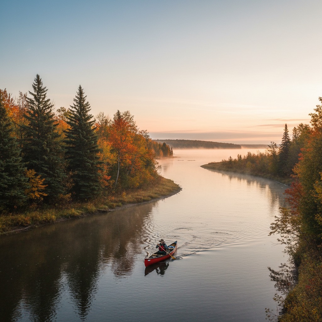 Two people paddling a canoe on a calm river through a wooded corridor