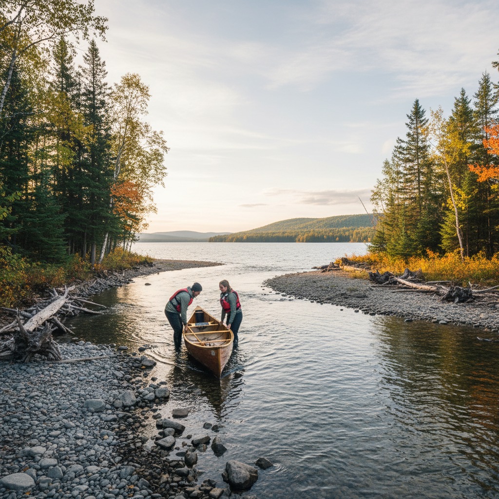 Canoe launch area on a calm river with grassy banks and willow trees