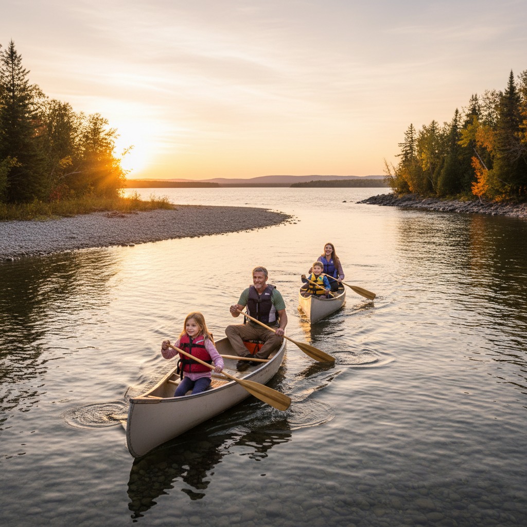 Family in a canoe paddling through a gentle river section with low forested banks
