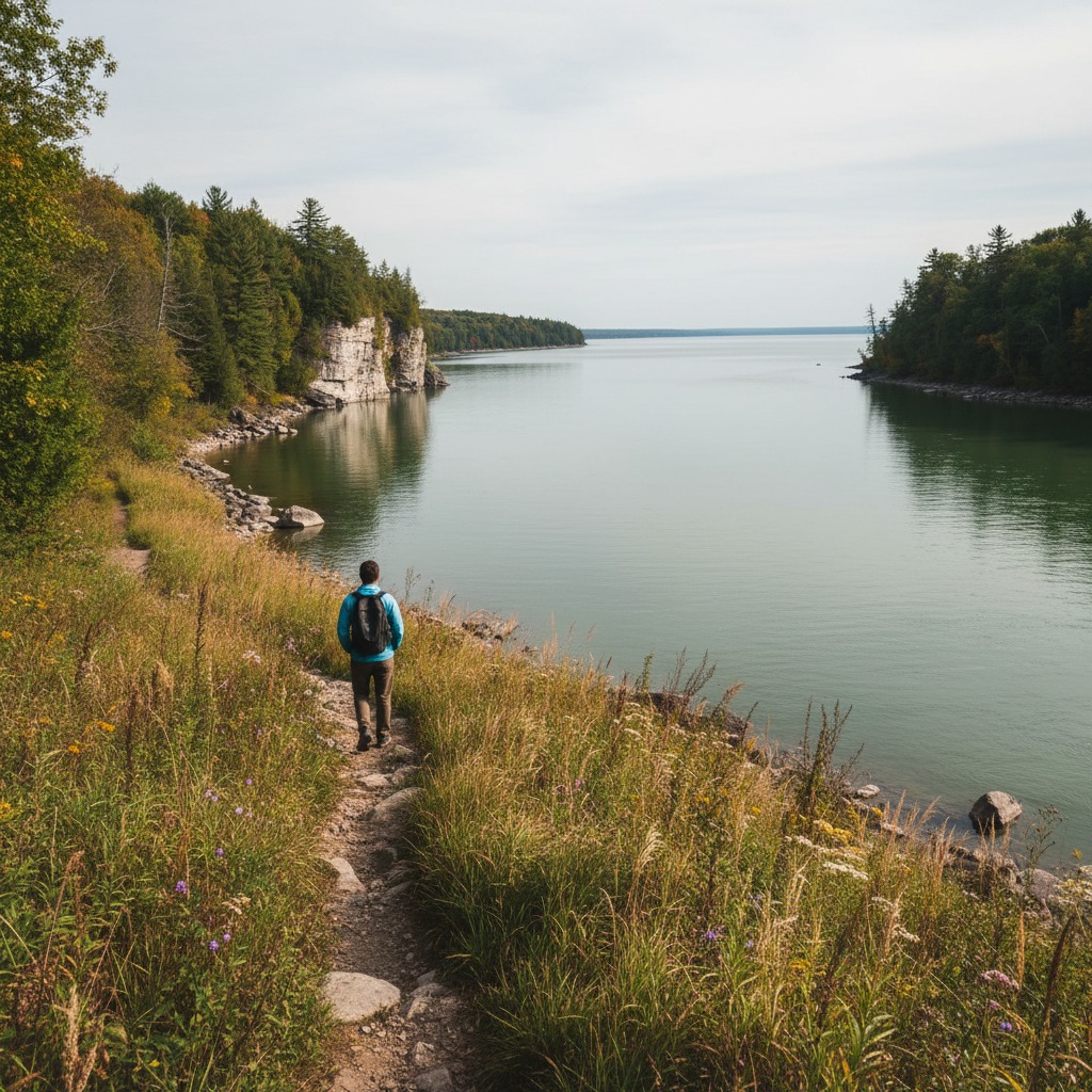 Walking path along a tree-lined river with people strolling in the distance