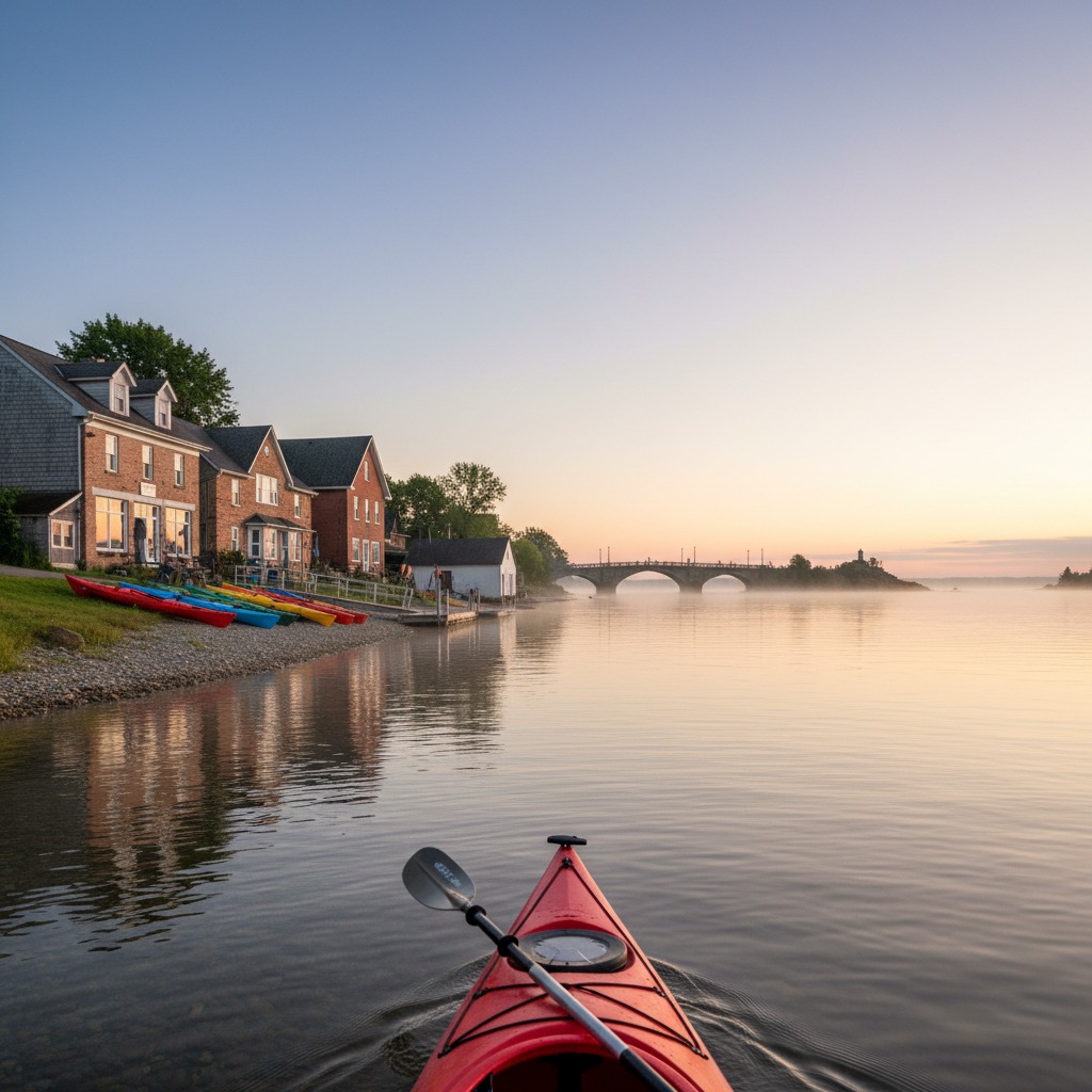 Kayaker paddling on a calm river through a forested Ontario landscape