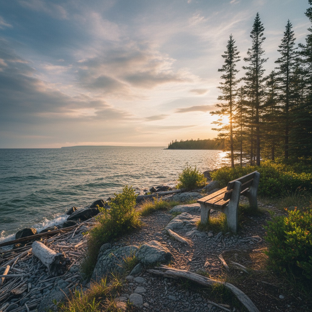 Park bench overlooking a wide river with mature trees providing shade